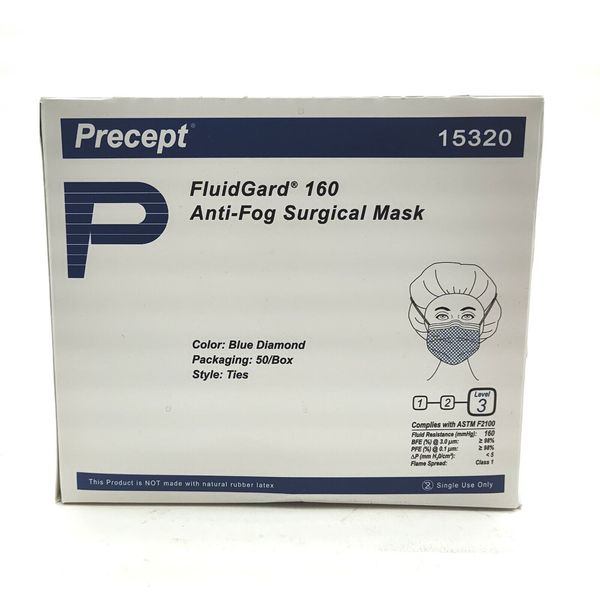 (CASE OF 300) Precept FluidGard Anti-Fog Surgical Mask 15320 Ties -Blue Diamond