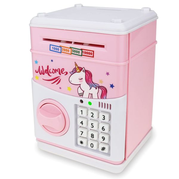 Yoego Piggy Bank for Kids,Electronic Password Piggy Bank Kids Safe Bank Mini ATM Piggy Bank Toy for 3-14 Year Old Boys and Girls (Pink-Unicorn)