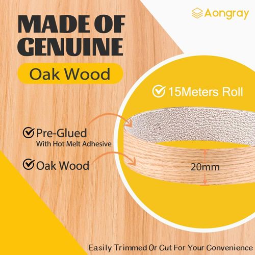 Aongray Real Oak Roll Edging Tape 20mm*15m Pre-Glued Wood Veneer Tape Iron-On Edge Banding for Shelf, Wardrobe, Cabinet, Door Frame, Desktop