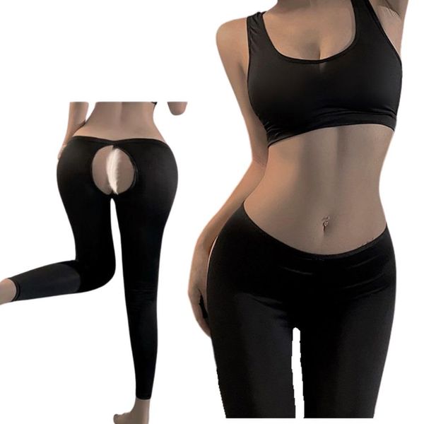 MONEON Sexy Open Crotch Opening, Yoga Wear, Cosplay, Open Crotch, Extreme Sportswear, Sports Bra, Leggings, Women's, Top and Bottom Set, Stylish, Yoga Pants, Training, Gym, Black