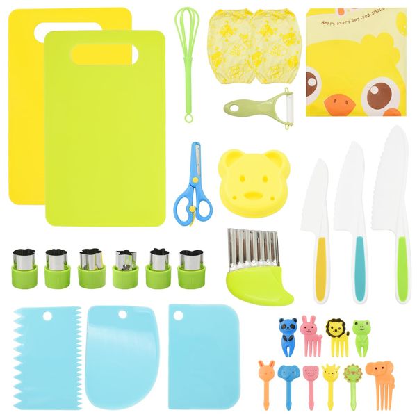 Coriver Kindermesser-Set, wiederverwendbares Küchenmesser-Set für Kinder, Kunststoffmesser mit Schneidebrett Sparschäler Wellenschneider Obst- und Gemüsemesser, Montessori-Messer ab 3+ Jahren (32)