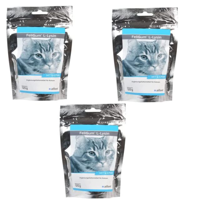 Alfavet FeliGum L-Lysin, 3er-Pack, bei Katzenschnupfen, Ergänzungsfuttermittel für Katzen, 2 x 120 g Beutel, 3 x ca 60 Kaudrops