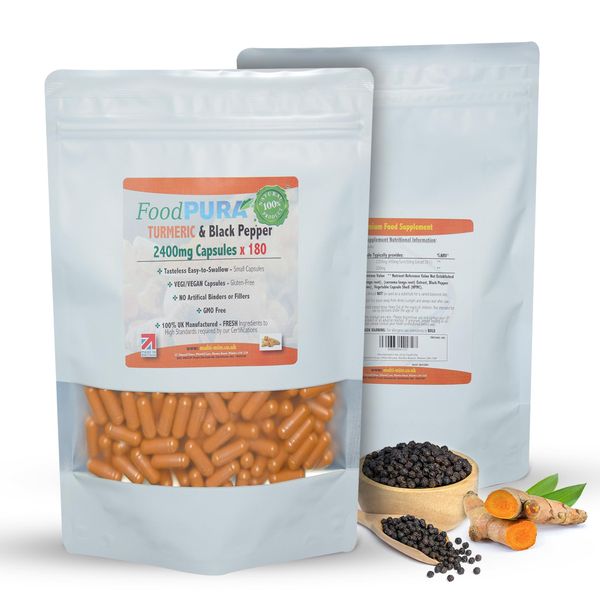 FoodPURA Turmeric with Black Pepper Capsules High Strength 2400mg HACCP Certified, Manufactured in The UK by FoodPURA 1 Pack of 180 Capsules