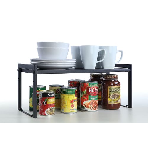 SunnyPoint Expandable Cabinet Storage Rack - Tabletop Storage Spice Shelf Organizer Rack (M - 15.1"~25.78" W X 7.87" D X 8.46" H, BLACK)