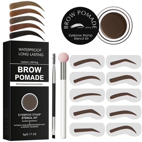 Eyebrow Stamp Stencil Kit - for Waterproof Eyebrows Makeup, Brow Stamp Trio Kit with Sponge Applicator, Dual-ended Brow Brush, 10 Eyebrow Stencils, Waterproof Eyebrow Pomade (Medium Brown)