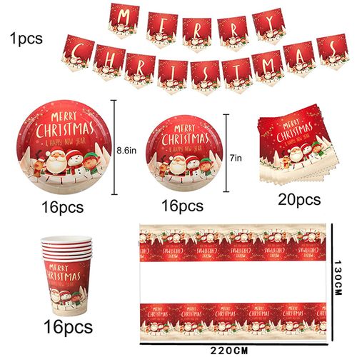 Christmas Tableware Set,16 Guests Christmas Decoration Paper Dinnerware Set with Xmas Banner Tablecloth Napkin Christmas Paper Plates and Cups for Christmas Party Supplies Tableware Decorations
