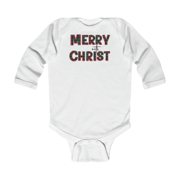 Infant Long Sleeve Bodysuit, Merry with Christ, Red and Green Plaid Christmas Holiday Print - White / 18M