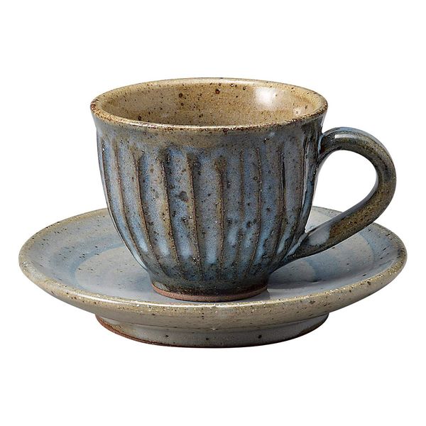 Marui Seikyo MR-3-3265 Shigaraki Ware Hephamon, Coffee Cup & Saucer, Blue Hagi Carving, Round Size, Approx. 6.3 fl oz (180 ml), Ceramic, Made in Japan