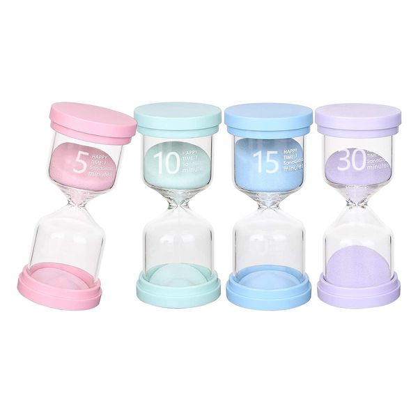 ALLMIRA Sand Timer, Hourglass Set of 4, 5 Minutes, 10 Minutes, 15 Minutes, 30 Minutes, Hourglass Timers for Kids, Colorful Hourglass, Sand Timer, Desktop Hourglass, Kitchen, Cooking, Games, Classroom,