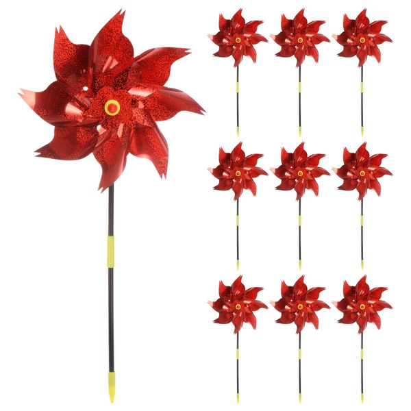 uxcell 10 Pack 21" x 10" 8 Reflective Pinwheels for Garden and Gardens Twinkle Windmill Spinner Wind Resistant Waterproof Bird Repellent with Stakes for Patio Decoration Red