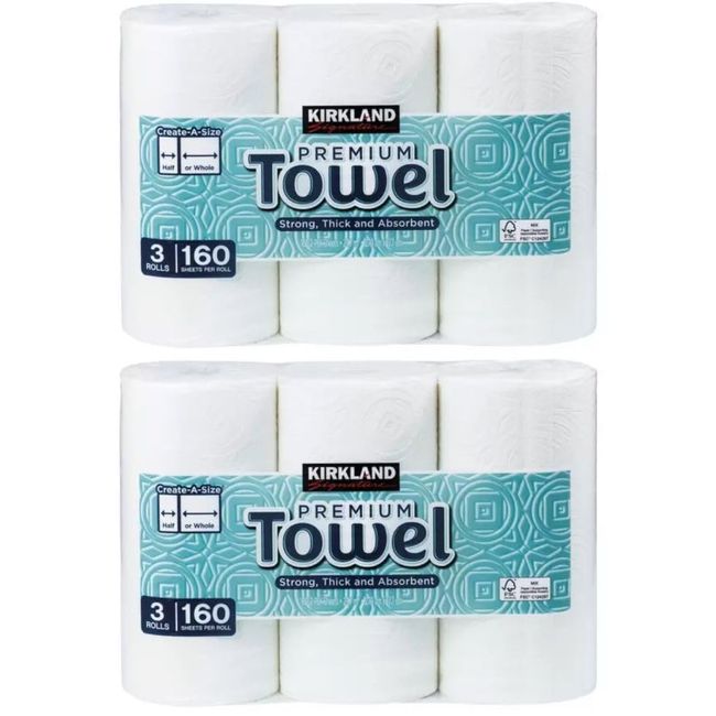 Costco Kirkland Signature 2-Ply Paper Towels, 160 Sheets x 6 Rolls, KIRKLAND Roll Towels, Double Thick, Strong, Highly Absorbent, Break + lollol Microfiber Cloth(Trademarked)