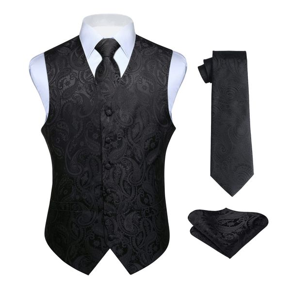 HISDERN Men's Classic Black Vest Tie Set Paisley Printed Jacquard Necktie Pocket Square Handkerchief Waistcoat for Wedding Prom Dress or Tuxedo