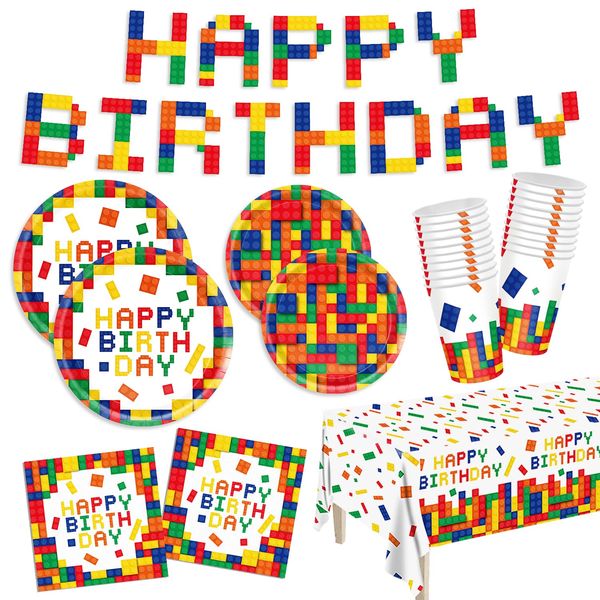 122pcs Building Block Birthday Party Supplies Colorful Building Block Party Decorations Plates Napkins Banner Tablecloth Cups Building Block Paper Tableware Set Boys Kid’s Birthday Serve 30