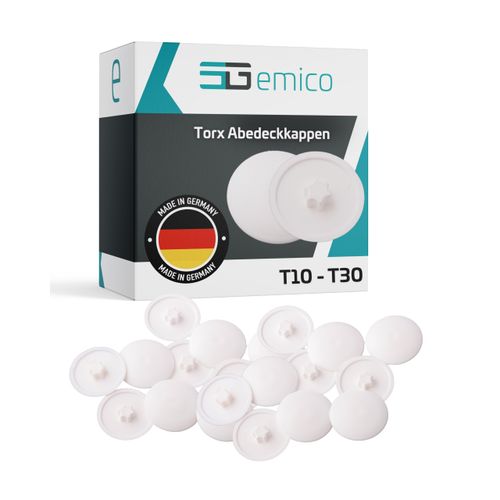 emico Caps for Torx Screws T25 - White - Pack of 100 - Cover Caps Made of Flexible LDPE - Residue-Free and Perfect Fit - Ideal for a Clean Appearance and Safe Protection