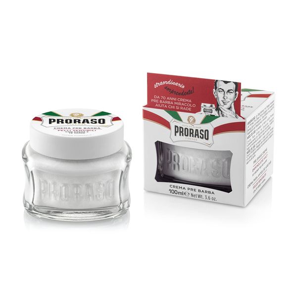 Proraso Pre Shave Cream Sensitive, 100 ml, beruhigende Rasiercreme für die Anwendung vor der Rasur, mit Hafer und Grüntee-Extrakten, Made in Italy, Weiß