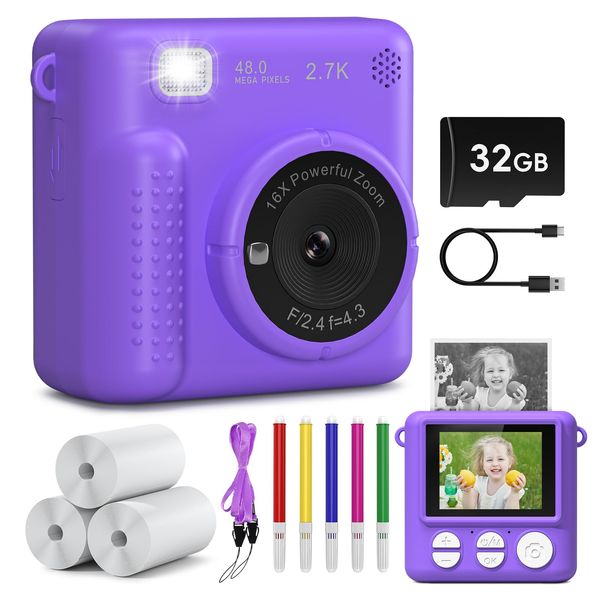 GREENKINDER Kids Camera Instant Print, Christmas Birthday Gifts for Boys Girls Age 3-12, 2.4-Inch/1080P Kids Digital Cameras, Portable Travel Toy for 3 4 5 6 7 8 9 10 Year Old Girls Boys Purple