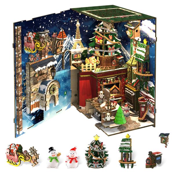 CUTEBEE Christmas Book Nook Kit - DIY Miniature House Kit for Adults, 3D Wooden Puzzle Dollhouse Booknook Model Build Bookshelf Decor, Gifts for Family, Friends