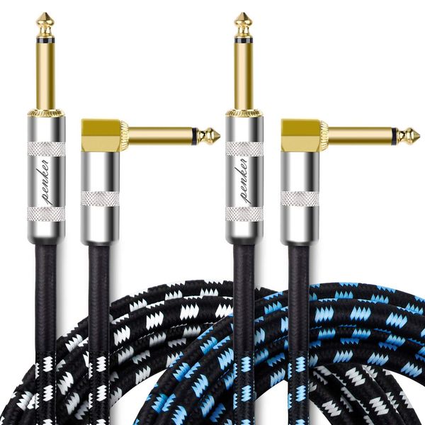 Penker 2 Pack Guitar Instrument Cable 6FT,Right Angle 1/4-Inch TS to Straight 1/4-Inch TS Gold Plated 6.35mm Guitar Cord,2 Meter for Guitar Bass Keyboard Effector Microphone Mixer