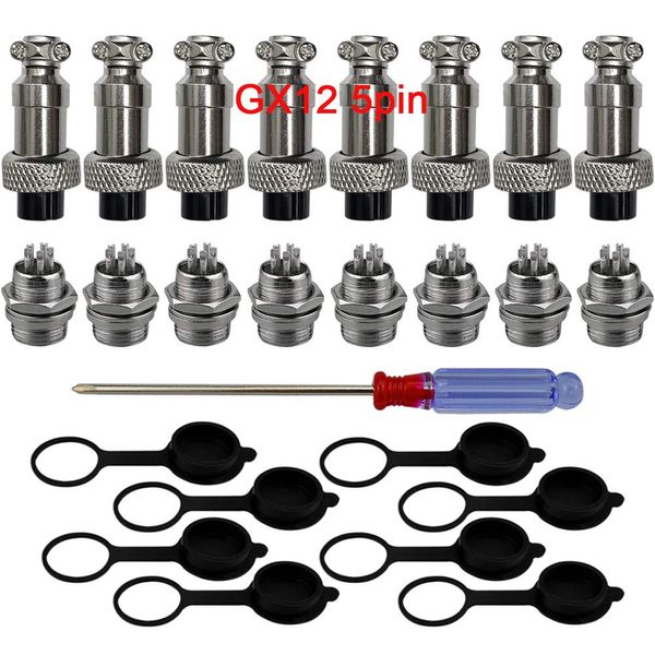 QitinDasen 8Pcs Premium 5 Pin GX12 Aviation Connector, 5A 12mm Thread Male Female Panel Metal Aviation Wire Connector Plug Socket, with Rubber Protector Cap and Phillips Screwdriver