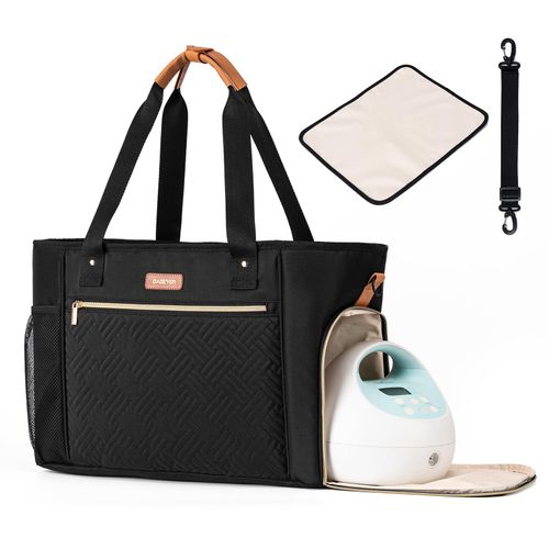 BABEYER Breast Pump Bag Compatible with Spectra S1 and S2, Diaper Tote Bag for working Moms, Large Capacity Baby Travel Bag with with shoulder strap & Waterproof mat, Black