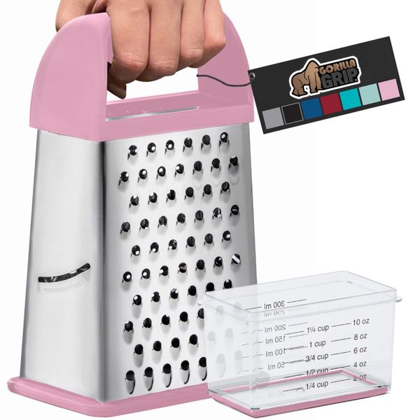 Gorilla Grip Professional 100% BPA Free 4-Sided Cheese Grater, Stainless Steel XL Box Graters with Ergonomic Handle, Parmesan Shredder, Ginger Carrot Slicer, Dishwasher Safe, Includes Container, Pink