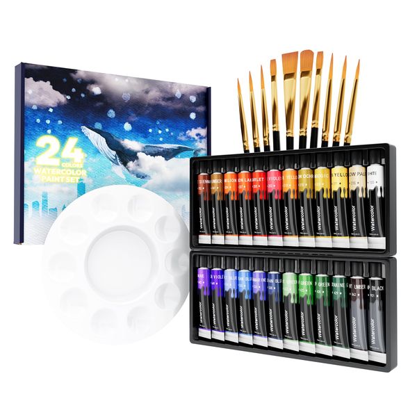 35 Piece Set Transparent Watercolor Paints, 24 Colors, 10 Brushes & 1 Palette Included, Tube, Durable, Quick Drying, Handmade, Easy to Draw, Wood, Egg, Pottery, Fabric, Children's Illustration,