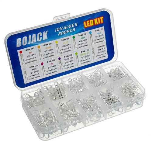BOJACK 10 colors 200 pcs 5mm Light Emitting Diode Lights Assored Kit Pack (Transparent DC 2V - 3.2V 20mA) Bright Lighting Bulb Lamps Electronics Components 5 mm Light Emitting Diodes Parts