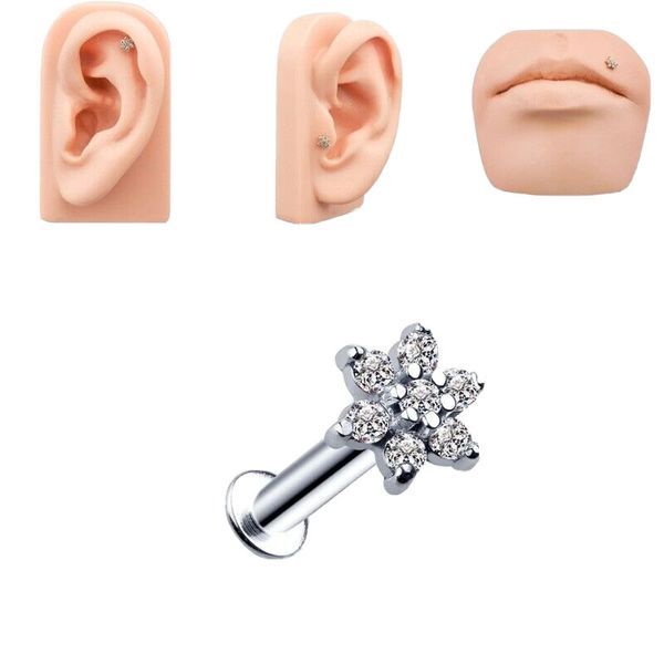 16G Titanium Internally Threaded Floral CZ Tragus Labret Lip Ear Helix Stud