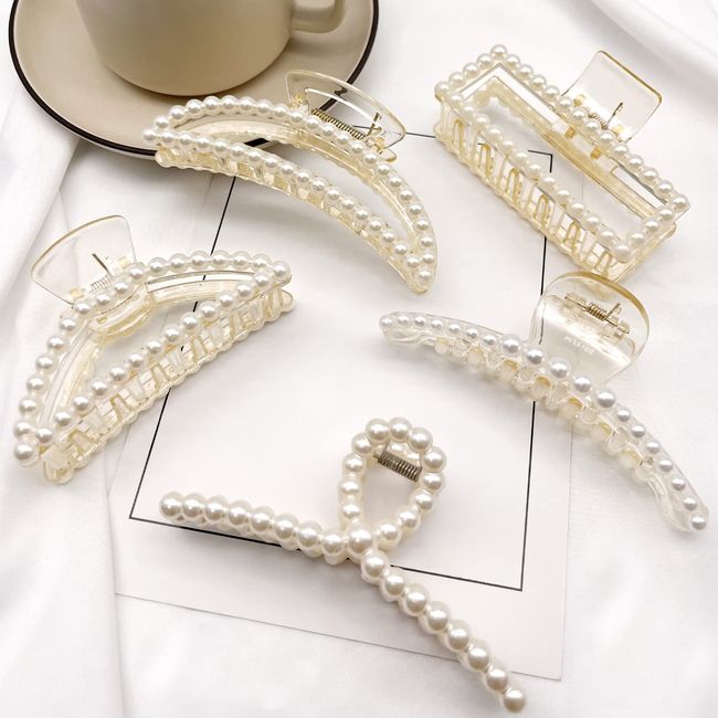 SEMATA 5pcs Pearl Hair Clips Large Hair Claw Clips for Thick Hair and Thin Hair, Cute Pearl Hair Claw Hair Clips for Women and Girls Non-Slip Strong Pearl Hair Accessories for Women and Girl