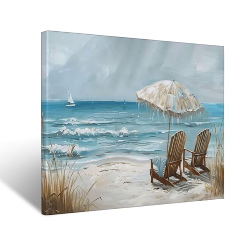 Beach Coastal Canvas Wall Art Coastal Ocean Decor for Bathroom Living Room Bedroom,Beach Chair on Sand Print Nautical Painting Aesthetic Home Modern Artwork Framed Decoration 12" x 16 "
