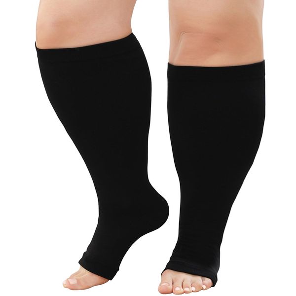 ZFSOCK Plus Size Compression Socks: Men Women Wide Calf Open Toe Graduated Medical Support Stockings Toeless Flight Pressure Socks for Varicose Vein Swollen Legs Pregnancy Nurses Travel Black 3XL