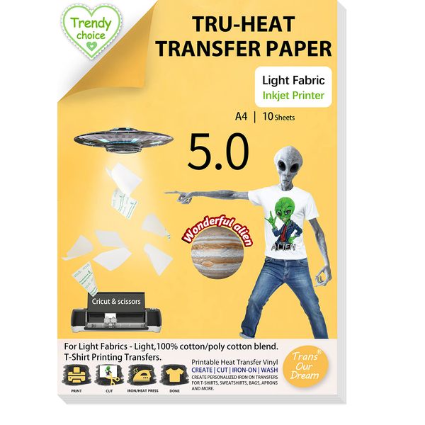 TransOurDream Tru-Heat Transfer Paper Inkjet Alien Series 10 Sheets A4 for Light Fabric & White T-Shirts Iron On Transfer Paper Printable Vinyl Htv Personalised T-Shirts Printing (TOD-05-10)