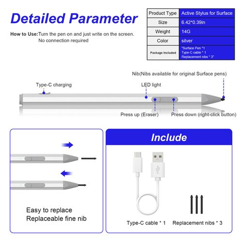 Surface Pen Stylus for Microsoft Surface Pro 11/10/X/9/8/7/7+/6/5/4/3, Surface Go 4/3/2/1, Surface Laptop/Studio/Book 4/3/2/1 Stylus Pen with Palm Rejection, 4096 Pressure, Magnetic, 4Nibs,Rehargeable
