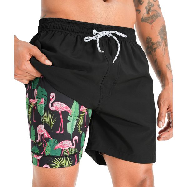 APTRO Mens Swimming Shorts Swimming Trunks Men Compression Liner Swim Shorts 7" Board Shorts Black Flamingo MK265 M