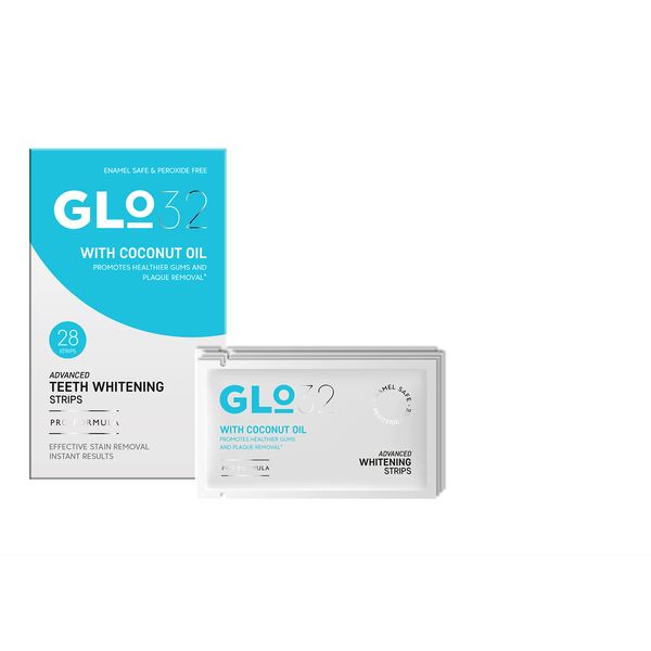 GLO32 - Advanced Teeth Whitening Strips - Gentle Teeth Stain Remover with Coconut Oil - Effective in 20min - Peroxide Free - Vegan Cruelty Free - 28pcs