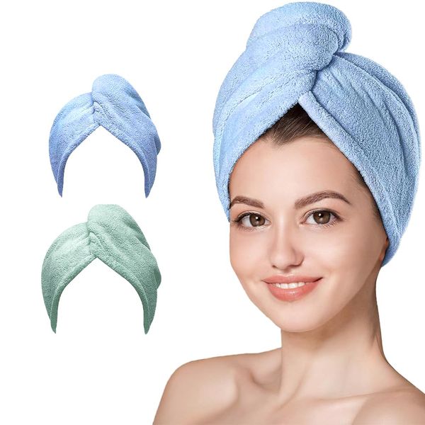 AGKXHDEC 2 Packs Microfiber Towel, Hair Turbans for Wet Hair, Drying Hair Wrap for Women (Blue,Light Green)