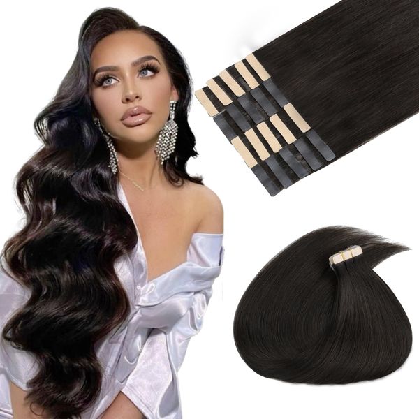 MAXITA Tape-in-Haarverlängerung, Echthaar, Dunkelbraun, 50 cm, 50 g, 20 Stücke, Remy-Echthaar-Extensions, glatt, nahtlos, Echthaar-Extensions, Tape-in-Skin-Weft-Haarverlängerungen für Frauen