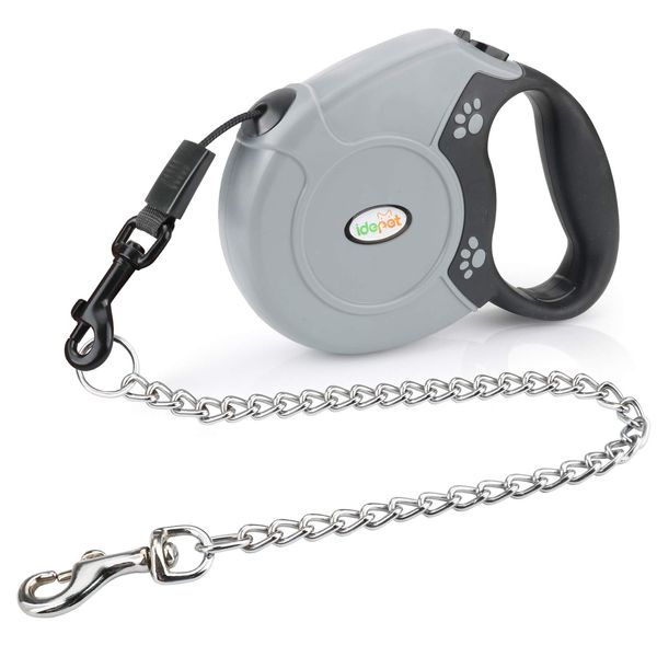 Idepet Heavy Duty Retractable Dog Leash for Small and Medium Dogs, Anti-Chewing Steel Chain 360 Degree Tangle-Free,Break and Lock System,16ft Leash for Dog Walking (Grey, Round Rope)