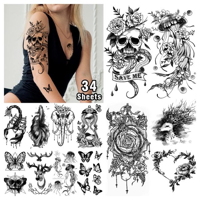 Acevegue 34 Blätter Fake Tattoos, Temporäre Tattoo Zum Aufkleben Frauen Tattoos Aufkleben Damen Tattoos Erwachsene Wasserfest, Kã¶rper Make-up Tattoo Festival Accessoires