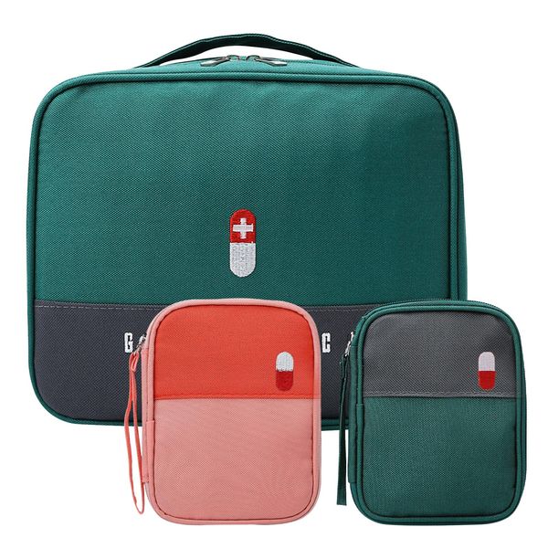 FYting First Aid Kit Travel Bag,3 Pcs First Aid Pouch,(1L+2mini) Empty Medicine Bags, Waterproof Oxford Cloth Portable Medicine Storage Bag for School, Travel, Camping, Hiking (Green+Red)