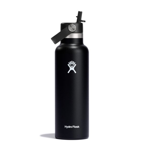 HYDRO FLASK - Water Bottle 621 ml (21 oz) with Flex Straw Cap - Vacuum Insulated Stainless Steel Reusable Water Bottle - Leakproof Lid - Hot and Cold Drinks - Standard Mouth - BPA-Free - Black