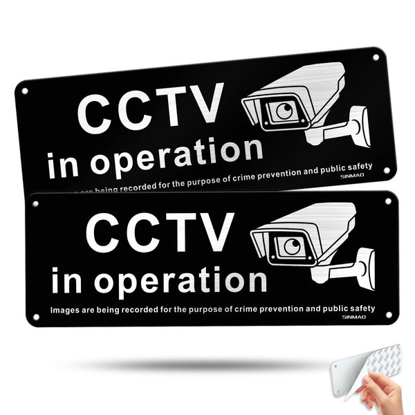 SINMAO CCTV IN OPERATION Warning Sign Aluminum with Adhesive Backing, Brushed Surface, 9x25cm Pack of 2