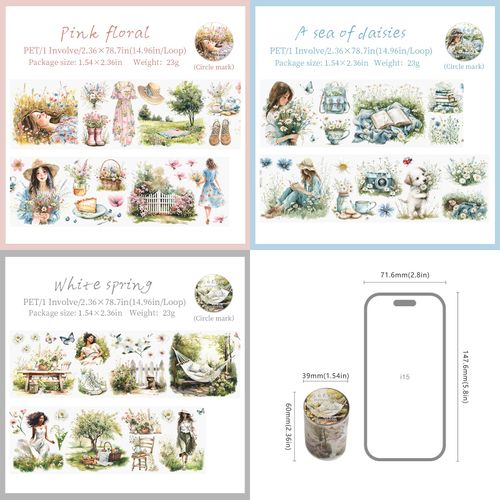Washi Tape PET Sticker 3 Rolls, Spring & Flower Scrapbooking Accessories Stickers Transparent Scrapbook Journaling Sticker Accessories for Scrapbooking, Bullet Journals, Planners (Camping Party 2)