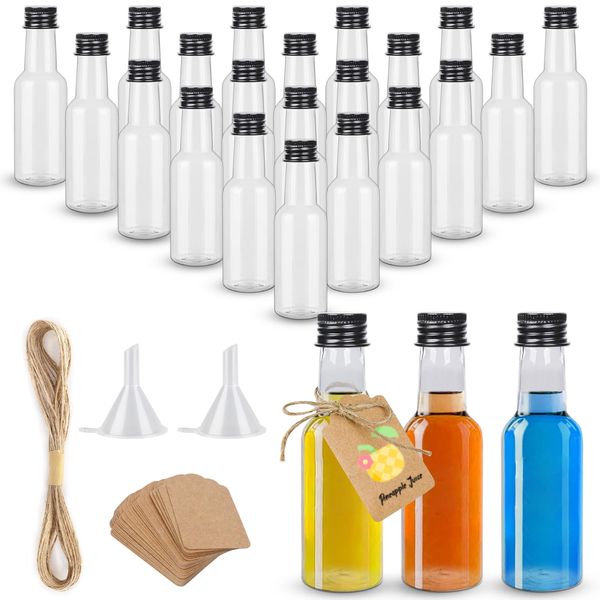 Fizdoqg 24 Set Kleine Flaschen zum Befüllen 50ml Likörflaschen Schnapsflaschen Mini Fläschchen Leere Flaschen mit 2 Trichter und 24 Anhängern für Hochzeiten Party Kunst Saft Whiskey