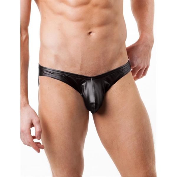 comeondear String Tanga Männer Sexy PU Leder Erotische Unterwäsche Herren Große Größen Kunstleder Micro Slip Wetlook Sissy Dessous Gay Reizwäsche Thong Unterhosen Brief Schwarz Clubwear L