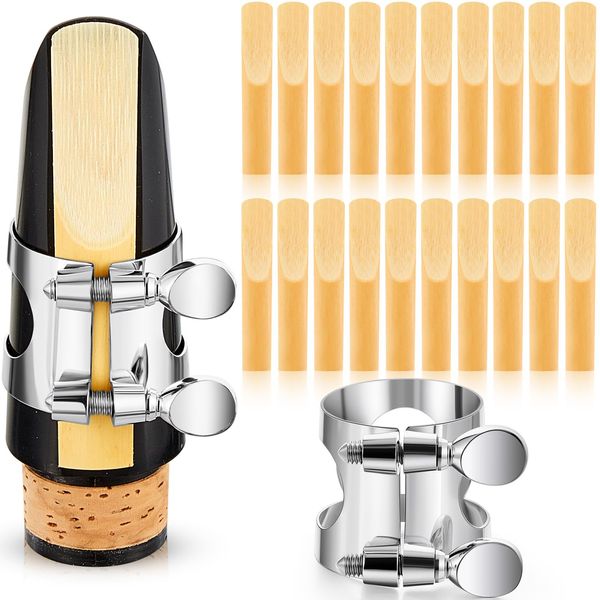 Treela Clarinet Ligature with 20 Pcs Clarinet Reeds 2.5 Bb Clarinet Ligature with Adjustable Screws Reeds for Clarinet Use Replacement Supply, Mouthpiece Not Included