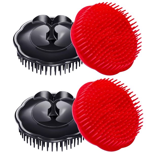 Aroveea Hair Scalp Brush Dandruff Cleaning Brush Shower Scalp Shampoo Brush Scalp Massager Pack of 4 (Black and red)