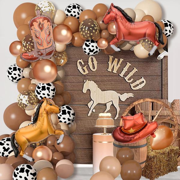 172pcs Western Cowboy Party Decorations Western Balloon Arch Kit include Horse Racing Cow Print Balloons for Western Cowboy Cowgirl Farm Animal Themed Party Baby Shower Birthday Party Decorations