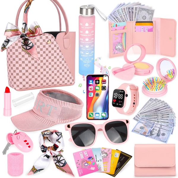 Play Purse for Little Girls, 34PCS Toddler Sports Purse with Sun Hat, Wristbands, Water Bottle, Princess Toys Includes Handbag, Wallet, Pretend Makeup for Kids Purse Birthday Gift for Girls 3 4 5 6 +