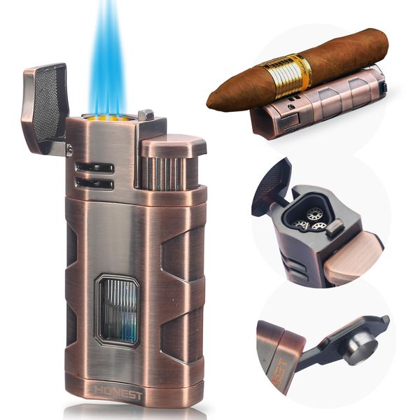 Torch Lighter Triple Jet Flame Refillable Butane Cigar Lighter Windproof Lighter with Cigar Punch Rest Holder - Butane Not Included (Red Copper)